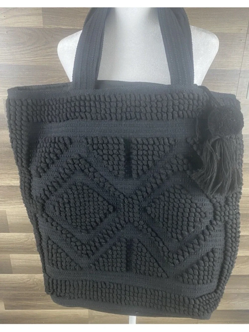 OVFSTITCH Black Textured X-large Knit Tote Bag w/ Pom Pom